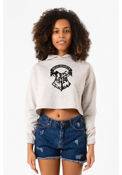 Hp Hogwarts Beyaz Kırçıllı Kadın Crop Kapşonlu 001