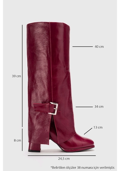 Luvishoes Lojo Bordo Kırışık Rugan Hakiki Deri Tokalı Kadın Kalın Topuklu Çizme Bordo