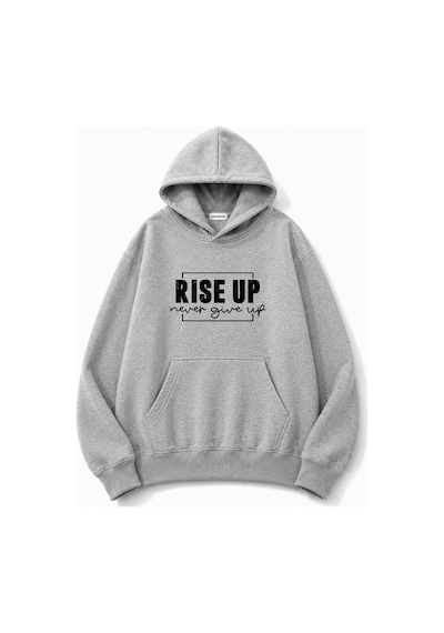 Herkesemoda Rise Up Kapüşonlu Baskılı Kanguru Cepli Oversize Sweatshirt Gri