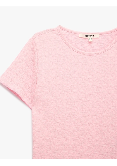 Koton Bürümcük Kumaş Dokulu Bisiklet Yaka Kısa Kollu Crop Tişört Pembe 6sak50489ek Gül