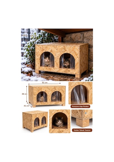 Reyo 2 Bölmeli Yetişkin Kedi Evi, Kedi Barınağı, Sokak Hayvanları İçin Kedi Barınağı, Kedi Yuvası, Rüzgar ve Soğuğa Dayanıklı Ahşap 61x41x36 cm CAT50