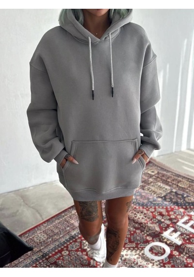 Mbb E-ticaret Kadın Kapüşonlu Kanguru Cepli 3 İplik Pamuklu Oversize Hoodie Sweatshirt - Boyalı Gri
