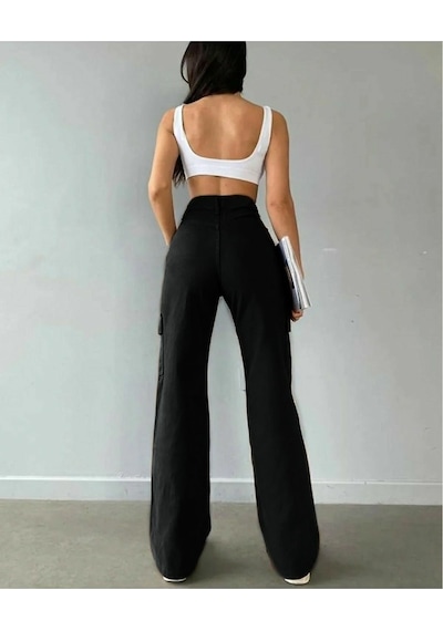 Lavajeans Dora Kadın Siyah Solmaz Likralı Arka Cepsiz Model Kargo Lavajeans Pantolon Siyah P1 Siyah