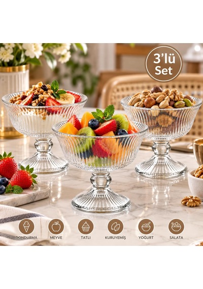 Arvale Tulip 3 Lü Ayaklı Cam Dondurma Tatlı Meyve Sunum Kasesi Seti Şeffaf
