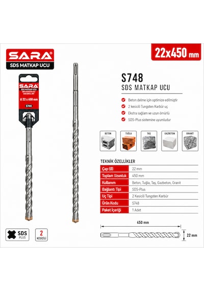 Sara S748 Sds Plus Matkap Ucu 22 X 450 Mm, 2 Kesicili Tungsten Karbür Uçlu