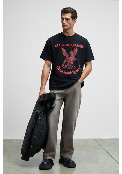 Grimelange GUSI Erkek Önü Kabaran Baskılı %100 Organik Pamuk Oversize Fit Bisiklet Yaka Siyah T-Shirt