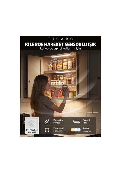 Tıcaro 40 Cm Cct Sensörlü Şarjlı Led Dolap Işığı, 80 Led, 3000 Mah, 2 Adet Gümüş