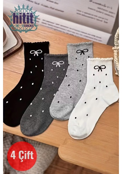 Hitit Socks Kadın 4 Çift Kurdale Ve Puantiye Desenli Günlük Kullanıma Uygun Japon Tarzı Kolej Çorap Çok Renkli