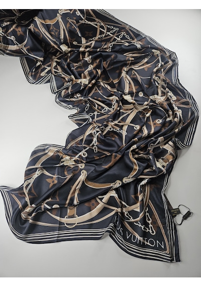 Miorel Scarfs Yeni Sezon Lv Kemer Desen Vual İpek Şal Yeni Sezon Silk Scarfs Shawl Hijab Fular Koyu Antrasit