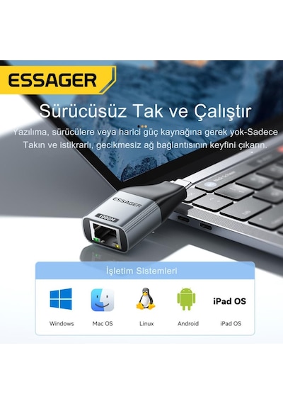 Essager 1000mbps Type-c To Rj45 Dönüştürücü, Gecikmesiz Süper Hızlı Type C To Ethernet Çevirici