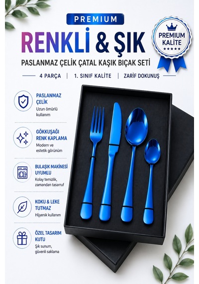 Premium Paslanmaz Çelik Çatal, Kaşık Ve Bıçak Seti Modern Mavi Renk 4 Parça
