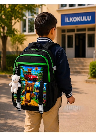 Super Bear Ayıcık Aksesuarlı Beslenme Ve Kalemlikli İlkokul Çekçekli Sırt Çantası Siyah