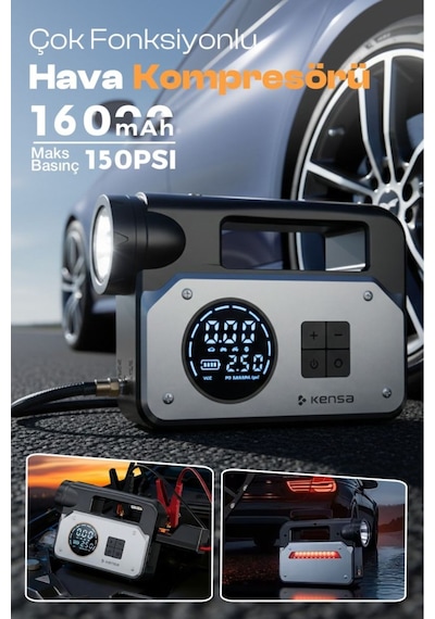 3 Ü 1 Arada Akü Takviye Cihazı Ve Hava Pompası 150 Psı Dijital Kompresör 16.000mah Powerbank Type-c