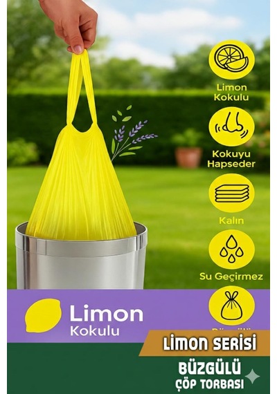 50 Adet Limon Kokulu Büzgülü Büyük Boy Çöp Torbası 65x70cm