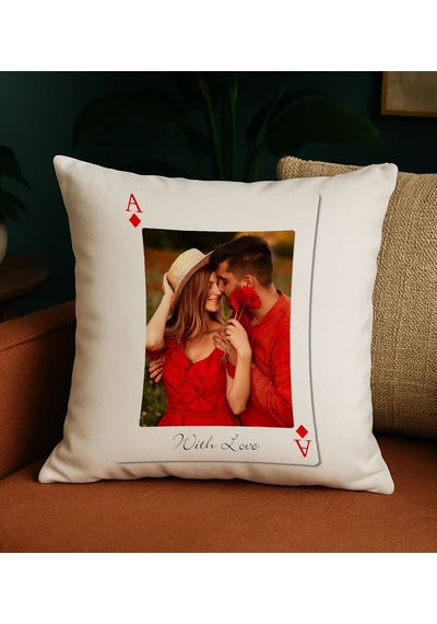 Bk Gift Kişiye Özel Aşkımızın Ası Fotoğraflı İskambil Tasarımlı Beyaz Kırlent Yastık-2, Sevgiliye Hediye, Eşe Hediye Kobitmeyencom34308 Bk Gift