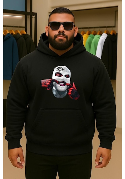 Benroma 3 İplik Penye Maske Baskılı Büyük Beden Sweatshırt Siyah