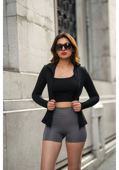Gugus Kadın Spor Baskısız Ceket Fermuarlı Parmak Geçirmeli Model Siyah