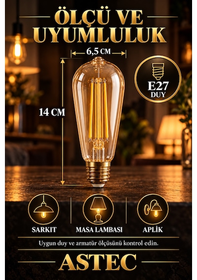 Astec E27 Edison 6 Watt Filament Ampul Amber Işık Dekoratif Ampul