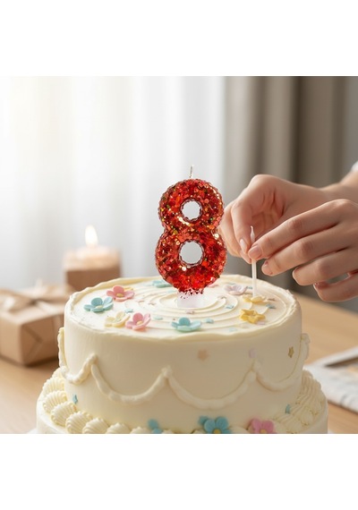 Turuncu Simli Pasta Mumu Doğum Günü Mum 8 Yaş
