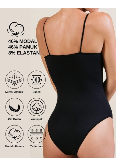 Alya Underwear Kadın Ip Askılı Çıtçıtlı Body, Modal - Pamuk Karışımlı, Kancalı , 2'li Paket, Siyah Beyaz