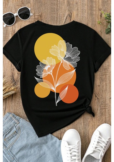 Spoyi Sunset Bloom Tasarımlı %100 Pamuk Yarım Oversize Siyah T-shirt