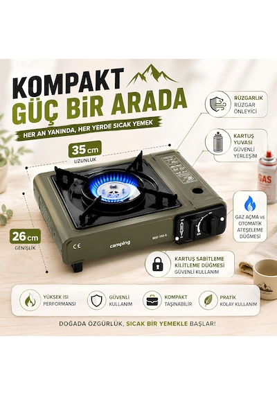 Portatif Kamp Ocağı Kartuşlu Tekli Ocak Piknik Kamp Ve Karavan İçin Taşınabilir Yeşil