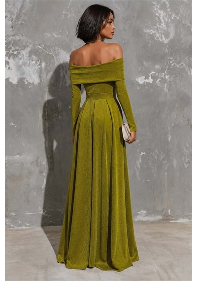DefyModa Kadın Minimal Krep Kumaş Straplez Taş Detaylı Abiye Elbise Yeşil