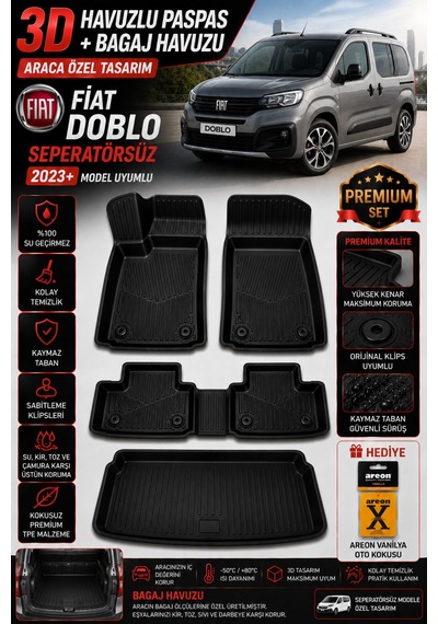 Fiat Doblo Seperatörsüz 2023 Model Uyumlu 3d Araca Özel Havuzlu Paspas+bagaj Havuzu Birebir Uyum