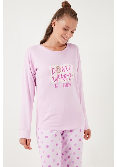 Lela Streç Standart Fit Bisiklet Yaka Desenli Bayan Pijama Takımı 6095700 Açık Pembe