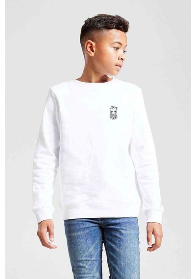 Tshirthane Groot Pattern Logo Baskılı Unisex Çocuk Beyaz Sweatshirt