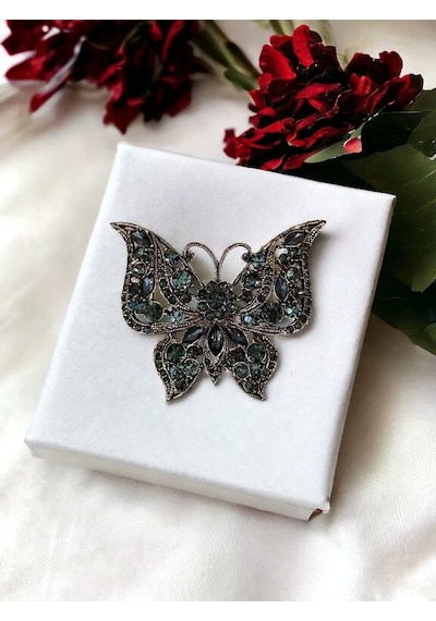 Black Diamond Swarovski Taşlı Kelebek Broş Gri