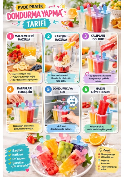4 Lü Dondurma Kalıbı Bpa Free Sağlıklı Ev Yapımı Dondurma Kalıbı Pratik Popsicle Seti Çok Renkli