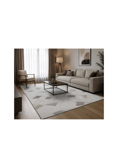 Nesrin Modern Geometrik Çizgili Bej Vizon Koridor Yolluk & Salon Halısı - 3d Kabartma Dokulu Krem