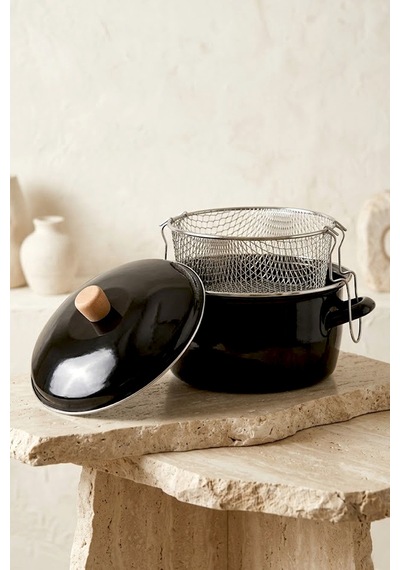 Terra Cook Ahşap Kulplu,paslanmaz Saplı Siyah Süzgeçli Emaye Kızartma Tenceresi 22 Cm Siyah