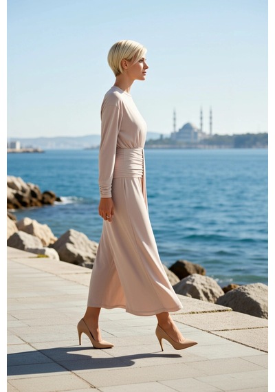 Benerly Kadın Maxi Elbise Bodycon Kayık Yaka Uzun Kol Örme Sandy Kumaş Dü Bej