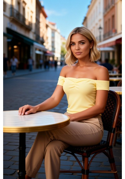 Benerly Kadın Bluz Carmen Yaka Düşük Kısa Kol Fitted Vücuda Oturan Örme Ç Sarı