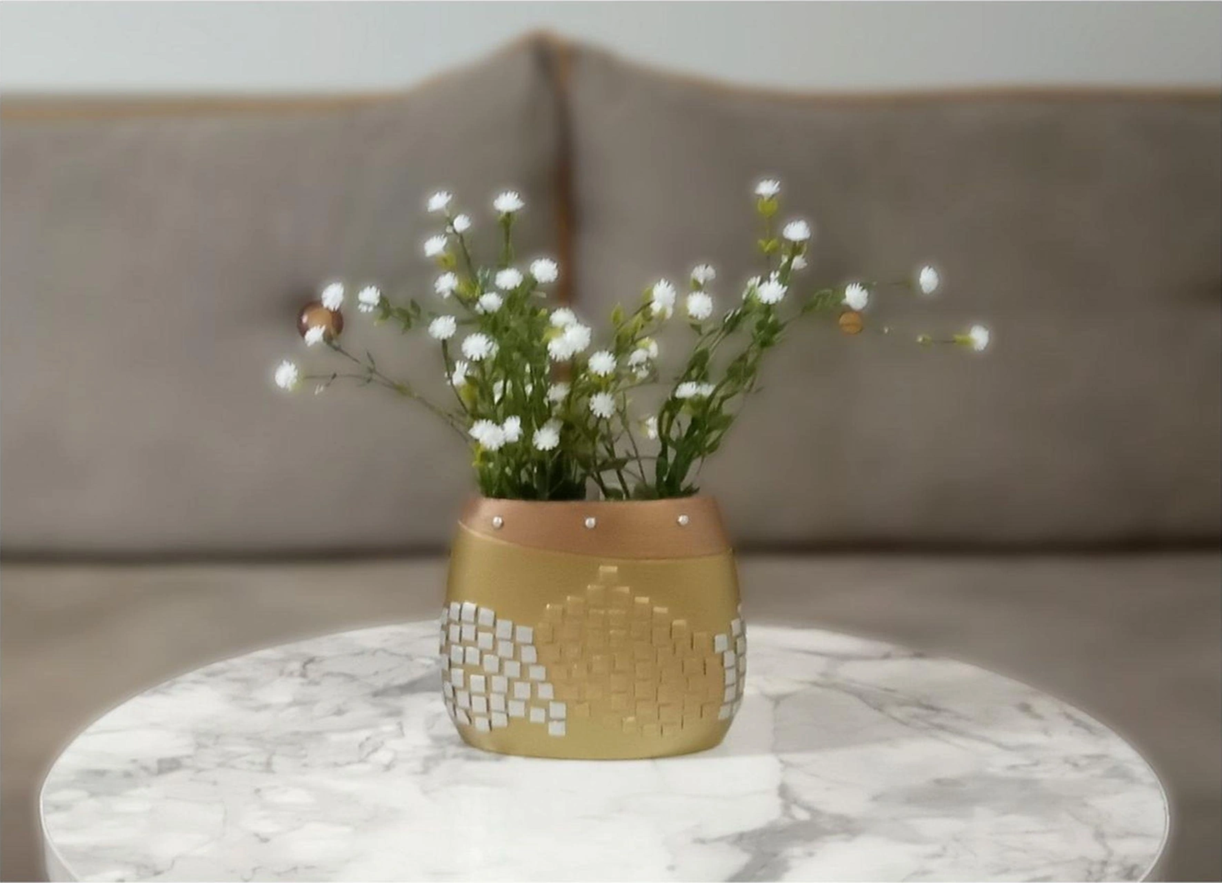 2 Adet Vazo Dahil,vazoda Çiçek,beyaz Yapay Çiçek,vazo Dekoratif Altın Mozaik Poliresin 10x15x5cm Çok Renkli