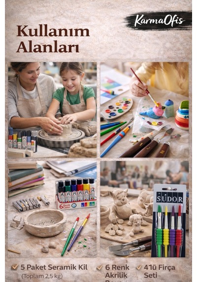 Seramik Hobi Başlangıç Seti 5x500gr Kil + 6 Renk Akrilik Boya + Spatula + 4'lü Fırça Seramik Hobi Başlangıç Seti 5x500gr Kil + 6 Renk Akrilik Boya + Spatula + 4'lü Fırça