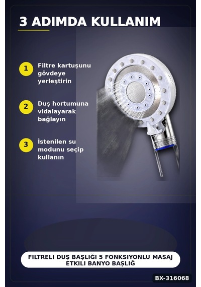 Filtreli Duş Başlığı 5 Fonksiyonlu Masaj Etkili Banyo Başlığı, Klor Kireç Filtreleme Bx-316068 Diğer