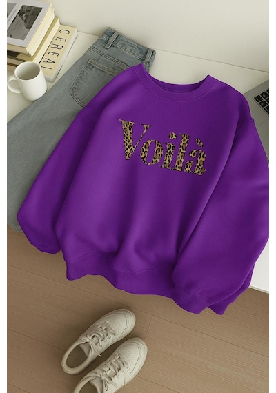 Voila Baskılı Unisex Sweatshırt Mor