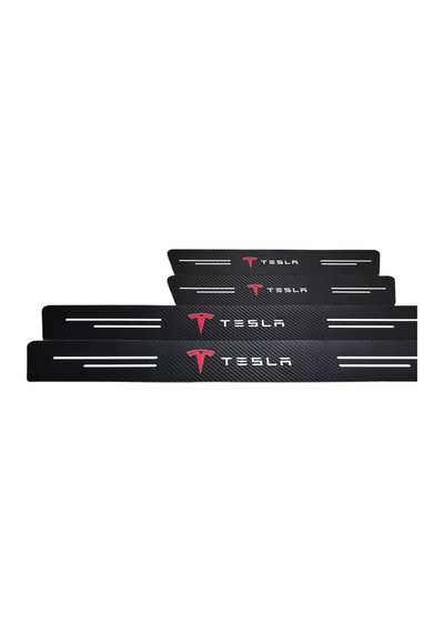 Tesla Logolu Karbon Kapı Eşiği Koruyucu Bant Folyo 4'lü Set