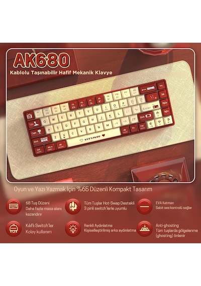 Ak680 Kablolu Brown Switch Mekanik Klavye-rainbow Aydınlatma Hot-swap