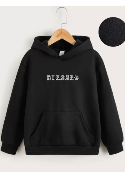 Çocuk Unisex Kapüşonlu Ön Ve Arka Blessed Baskılı Sweatshirt - Siyah