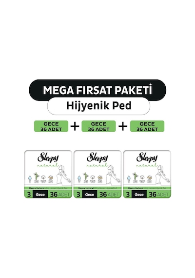 Sleepy Natural Ultra Hassas Hijyenik Ped Mega Fırsat Paketi Gece 3 x 36'lı