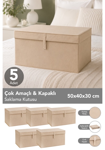 5'li Set Maxi Boy Hurç - Çok Amaçlı Organizer Kapaklı Saklama Kutusu 50x40x30cm Bej
