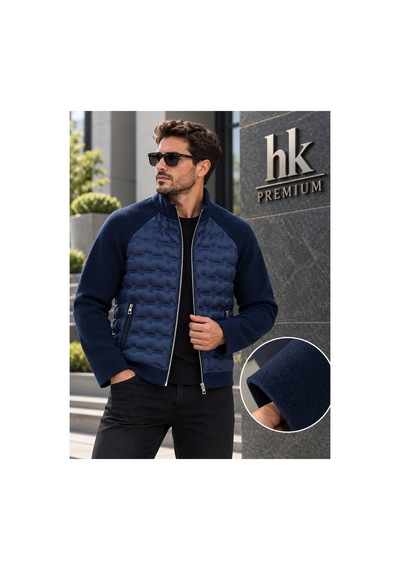 Hk Premium Erkek Mont Daire Baskı Örme Triko %100 Polyester Dik Yaka Ceket Lacivert