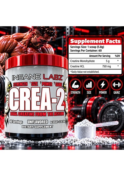 Insane Labz Crea-2 Creatine Monohydrate & Creatine Hcl Powder 60 Servings - Kreatin Monohidrat & Hcl Aromasız