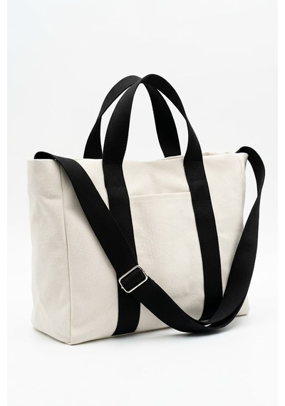 Tuttobene Harmony Mini Boy Tote Bag Kanvas Astarlı Cepli Çıtçıtlı Ayarlanabilir Askılı Kadın El Omuz Çantası - Küçük Boy Günlük Çanta Tb062 Beyaz - Siyah