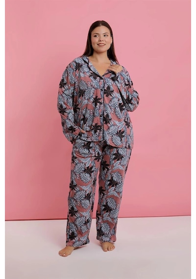 Kadın Büyük Beden Somon Yaprak Desenli Düğmeli Pijama Takımı Somon