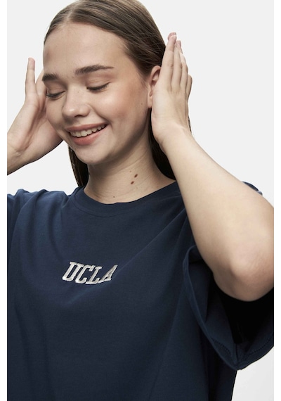 Ucla Manuela Lacivert Bisiklet Yaka Tshirt Nakışlı Loose Fit Kadın Tshirt Lacivert